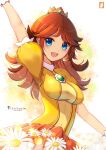  1girl :d arm_up artist_logo artist_name blue_eyes breasts brown_hair chinchongcha covered_navel crown daisy dot_nose dress english_commentary flower frilled_dress frills gloves highres long_hair mario_(series) medium_breasts mini_crown nintendo open_mouth orange_dress outstretched_arm princess_daisy puffy_short_sleeves puffy_sleeves short_sleeves smile solo sparkle teeth upper_teeth_only white_gloves 