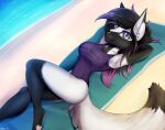  2019 anthro barefoot beach beach_towel biped black_hair black_nose blue_eyes canid canine clothing dated digital_media_(artwork) ear_piercing english_text eyelashes facial_piercing feet female furgonomics furry-specific_piercing hair highlights_(coloring) lying mammal muzzle_piercing nose_piercing on_back one-piece_swimsuit open_mouth pawpads piercing pink_pawpads purple_hair purple_highlights raven_(shadowfox89666) sand sea seaside shaded signature solo son237 swimwear text text_on_clothing text_on_swimwear towel water 