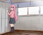  1girl against_wall black_socks blue_eyes bocchi_the_rock! commentary corner furrowed_brow gotou_hitori indoors jacket loafers long_hair looking_at_viewer parody pink_hair pink_jacket pleated_skirt scp-173 scp_foundation shaded_face shoes skirt socks solo standing tenten_(chan4545) track_jacket window 