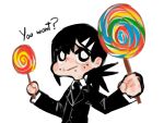  1girl bangs black_hair black_jacket black_necktie black_pants candy chainsaw_man collared_shirt food formal gurumo_(twitter) higashiyama_kobeni highres holding holding_candy holding_food holding_lollipop jacket lollipop looking_at_viewer medium_hair mole mole_under_eye mole_under_mouth necktie pants shirt shirt_tucked_in short_ponytail simple_background single_sidelock smile solo suit suit_jacket swept_bangs swirl_lollipop white_background white_shirt 