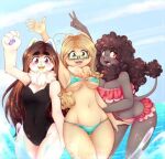  anthro bikini breasts canid canine clothing female group hair long_hair looking_at_viewer low_res male mammal nendoggo pose rock_paper_scissors swimwear trio water 