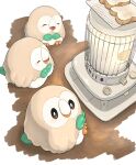  absurdres blush bread bright_pupils brown_eyes closed_eyes commentary_request drooling food from_above highres hiyoko_kurabu no_humans pokemon pokemon_(creature) rowlet saliva sitting soil white_pupils 