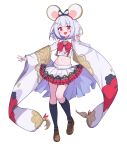  1girl :d absurdres animal_ears black_bow black_socks bow brooch brown_footwear full_body granblue_fantasy hair_bow heart_brooch highres jewelry kneehighs loafers looking_at_viewer midriff mouse_ears navel ohihil open_mouth pleated_skirt red_eyes shoes short_hair simple_background skirt smile socks solo v vikala_(granblue_fantasy) white_background white_hair white_skirt white_sleeves wide_sleeves 