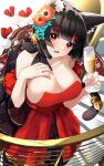  1girl absurdres animal_ears azur_lane bell black_hair breasts cat_ears cat_tail cleavage cocktail_glass collarbone cup dress drinking_glass evening_gown floral_print flower frilled_dress frills hair_flower hair_ornament hand_on_own_chest highres holding holding_cup large_breasts mismatched_eyebrows official_alternate_costume red_dress red_eyes short_hair sleeveless sleeveless_dress strapless strapless_dress tail tail_bell tail_ornament yamaha_tsui yamashiro_(azur_lane) yamashiro_(dressy_black_cat)_(azur_lane) 