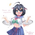  1girl absurdres ahoge animal_ears bangs belt_collar black_hair blue_eyes blue_sailor_collar blush bra breasts cherry collar commission cow_ears cow_girl cup drinking_straw food fruit hair_between_eyes highres holding holding_tray indie_virtual_youtuber large_breasts milkshake navel open_clothes open_mouth open_shirt pleated_skirt sailor_collar shirt skeb_commission skirt solo spilling tamase_tama thick_eyebrows tray underwear virtual_youtuber white_shirt wishy_(vtuber) 