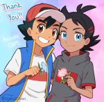  2boys antenna_hair ash_ketchum bangs black_hair blue_eyes blue_flower brown_eyes closed_mouth commentary eyelashes flower goh_(pokemon) grey_shirt grin hat holding holding_flower male_focus multiple_boys pink_flower pokemon pokemon_(anime) pokemon_journeys red_headwear sara_bon shirt short_sleeves sleeveless sleeveless_jacket smile t-shirt teeth thank_you watermark white_shirt 