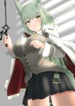  1girl absurdres animal_ear_fluff animal_ears arknights bangs black_skirt blush breasts cape cardigan cat_ears cat_tail commentary_request cowboy_shot green_eyes green_hair grey_cardigan harmonie_(arknights) highres holding holding_wand large_breasts long_hair long_sleeves looking_at_viewer miniskirt pleated_skirt skirt smile solo sora_mame_(princess_0sora) standing tail thighs very_long_hair wand white_cape 