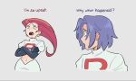  1boy 1girl absurdres black_gloves crossed_arms earrings elbow_gloves english_text gloves highres james_(pokemon) jessie_(pokemon) jewelry kiana_mai long_hair pokemon purple_hair red_hair sad team_rocket team_rocket_uniform 