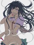  1girl bandaged_arm bandages bangs black_hair breasts brown_hair collared_shirt covering_mouth danganronpa_(series) danganronpa_2:_goodbye_despair geruidoshifa grey_apron grey_background hand_over_own_mouth large_breasts long_hair messy_hair mole mole_under_eye pink_eyes pink_shirt pleated_skirt puffy_short_sleeves puffy_sleeves shiny shiny_hair shirt short_sleeves simple_background skirt solo tsumiki_mikan 