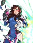  1girl artist_name bangs blushyspicy bodysuit breasts brown_eyes brown_hair commentary d.va_(overwatch) explosion facepaint facial_mark gloves headphones highres holding long_hair medium_breasts open_mouth overwatch pilot_suit skin_tight solo swept_bangs torn_bodysuit torn_clothes whisker_markings white_gloves 