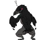  anthro avian bird bird_feet blush corvid corvus_(genus) crouching crow degeneroid elden_ring exclamation_point feathered_wings feathers female fromsoftware genitals oscine passerine pussy sharp_teeth simple_background skinny solo teeth thick_thighs video_games wings 