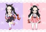  animal_ears black_hair cosplay demon demon_girl demon_horns dress flower-shaped_hair hair_ribbon highres horns kamado_nezuko kimetsu_no_yaiba kuromi kuromi_(cosplay) long_hair long_sleeves multicolored_hair my_melody my_melody_(cosplay) onegai_my_melody open_mouth pink_eyes pink_footwear pink_ribbon pori_(kmt_pori) rabbit_ears ribbon sanrio single_thighhigh thighhighs twintails white_thighhighs 