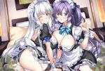  2girls alternate_costume apron arm_support bangs blue_archive bow bowtie breasts cleavage cleavage_cutout clothing_cutout frilled_apron frilled_skirt frills grey_hair halo hand_up headphones long_hair maid multiple_girls noa_(blue_archive) on_bed one_eye_closed panties pantyshot parted_bangs pillow purple_eyes purple_hair shirokuma_a sidelocks skirt smile two_side_up underwear very_long_hair white_apron wrist_cuffs yuuka_(blue_archive) 