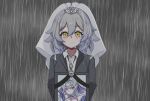  1girl black_shirt crying crying_with_eyes_open duel_monster expressionless formal grey_hair highres holding holding_photo iei lock looking_at_viewer photo_(object) rain shirt short_hair solo suit tearlaments_kitkallos tearlaments_merrli tears tiara veil yellow_eyes yu-gi-oh! zuzu_(user_ntpx2584) 