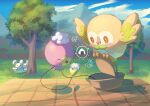  ^_^ basket bird blush closed_eyes cloud commentary_request day drifloon food grass holding maushold mokukitusui no_humans onigiri outdoors owl pokemon pokemon_(creature) rowlet sky tree 