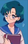  1girl absurdres bangs bishoujo_senshi_sailor_moon blue_background blue_eyes blue_hair blue_sailor_collar book bow bowtie collarbone glasses highres holding holding_book long_sleeves looking_away mizuno_ami nzeneee parted_bangs red_bow sailor_collar school_uniform serafuku shiny shiny_hair shirt short_hair simple_background solo upper_body white_shirt 