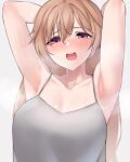  1girl absurdres armpits arms_behind_head breasts brown_hair cleavage collarbone hair_between_eyes hair_ornament hairclip highres konoe_kanata long_hair looking_at_viewer love_live! love_live!_nijigasaki_high_school_idol_club medium_breasts nasuno_(nasuno42) open_mouth purple_eyes solo sweat upper_body 