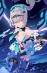  1girl absurdres armored_boots bare_shoulders boots breasts bronya_zaychik bronya_zaychik_(herrscher_of_truth) clothing_cutout dress gauntlets grey_eyes grey_hair hair_between_eyes headgear highres holding holding_polearm holding_weapon honkai_(series) honkai_impact_3rd long_hair looking_at_viewer parted_lips pink_pupils polearm ponytail rfbyhjr small_breasts solo stomach_cutout teeth weapon white_dress 