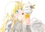  1girl angel_wings aqua_eyes backlighting bad_drawr_id bad_id bangs blonde_hair cigarette eating feathered_wings food from_side hands_up holding holding_food holding_ice_cream ice_cream ice_cream_cone licking long_hair long_sleeves looking_up oekaki open_mouth original simple_background soft_serve solo tongue tongue_out upper_body white_background white_wings wings yk_(tnkau) 
