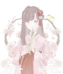 1girl animal bangs bird blue_eyes blue_flower cherry_blossoms chrysanthemum closed_mouth floral_print flower hair_flower hair_ornament hair_ribbon hakama holding holding_flower japanese_clothes kimono long_hair long_sleeves looking_at_viewer nail_polish original pale_color pink_flower pink_kimono pink_tulip print_kimono red_flower red_hakama red_ribbon ribbon simple_background smile solo spring_(season) standing_on_branch swept_bangs tassel tassel_hair_ornament tulip white_background wide_sleeves yellow_flower yuum1709 