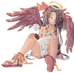  1girl ankle_cuffs barefoot black_hair bodypaint chaosexceed collarbone dark_skin detached_sleeves dot_nose facial_mark feathered_wings forehead forehead_mark hair_ornament hair_over_one_eye halo long_hair off_shoulder original sandals strap_slip tan tank_top toes wings yellow_eyes 