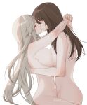  2girls absurdres arm_around_neck baconontheclock beidou_(genshin_impact) blush breast_press breasts brown_hair closed_eyes completely_nude from_side genshin_impact grey_hair hair_down hand_on_another&#039;s_back highres hug kiss large_breasts long_hair multiple_girls ningguang_(genshin_impact) nude simple_background twitter_username white_background yuri 
