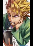  1boy angry aozorauma blonde_hair book character_name clenched_teeth eyeshield_21 fang graphite_(medium) green_jacket hand_on_own_cheek hand_on_own_face highres hiruma_youichi holding holding_book jacket male_focus pillarboxed pointy_ears solo teeth traditional_media twitter_username upper_body 