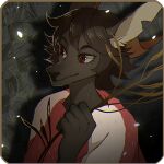  1:1 anthro biped black_body black_fur black_nose clothed clothing colored detailed ears_up female fur hair horn humanoid_hands idow inner_ear_fluff light lighting lingrimm looking_away low_res mammal portrait red_eyes sahash short_hair simple_background solo tuft 