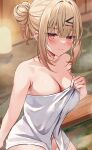  1girl bangs bare_arms bare_shoulders blonde_hair blush breasts cleavage closed_mouth gradient_hair hair_bun hair_ornament hairclip highres hizuki_higure holding holding_towel large_breasts looking_at_viewer multicolored_hair naked_towel original red_eyes sidelocks single_hair_bun smile solo steam towel water 
