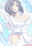  1girl bangs bare_shoulders blue_eyes bow breasts chimunge cleavage grey_hair hair_bow highres ice japanese_clothes kimono large_breasts low_neckline medium_hair no_panties off_shoulder open_mouth parted_bangs ribbon-trimmed_kimono senran_kagura solo white_bow white_kimono yumi_(senran_kagura) 
