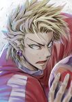  1boy absurdres american_football american_football_uniform aozorauma ball blonde_hair earrings eyeshield_21 fangs green_eyes highres hiruma_youichi holding holding_ball jewelry male_focus multiple_earrings open_mouth pointy_ears short_hair solo sportswear twitter_username 