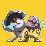  animal_focus blacknirrow chibi claws commentary english_commentary fangs full_body highres long_hair looking_to_the_side no_humans outline pokemon pokemon_(creature) purple_hair raikou red_eyes simple_background solo standing white_outline yellow_background yellow_theme 