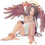  1girl ankle_cuffs barefoot black_hair bodypaint chaosexceed collarbone dark_skin detached_sleeves dot_nose facial_mark feathered_wings forehead forehead_mark hair_ornament hair_over_one_eye halo long_hair no_shoes off_shoulder original soles strap_slip tan tank_top toes wings yellow_eyes 