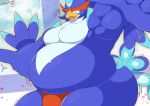  &lt;3 2yakitori2 anthro beak belly blue_body blue_eyes blue_feathers bouncing_belly clothing feathers hi_res male nintendo overweight pokemon quaquaval solo thong underwear video_games 