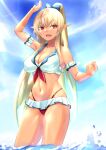  1girl :d arm_up bangs bare_shoulders bikini blonde_hair blurry bokeh bow breasts cleavage cloud collarbone commentary cowboy_shot depth_of_field dot_nose frilled_skirt frills hair_bow high_ponytail highres hololive large_breasts legs_apart long_hair looking_away miniskirt navel ocean open_mouth outdoors outstretched_arm pointy_ears red_bikini red_eyes shiranui_flare skirt sky smile solo string_bikini swimsuit tan v2_(pixiv_84041087) virtual_youtuber 