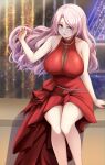 1girl absurdres alternate_costume blush breasts cleavage dress feet_out_of_frame fingernails highres kantai_collection large_breasts long_hair luigi_di_savoia_duca_degli_abruzzi_(kancolle) nail_polish open_mouth pink_eyes pink_hair red_dress red_nails smile solo suke_(share_koube) 