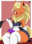  &lt;3 absurd_res anthro apron big_butt blonde_head_tuft blonde_mane bottomwear butt cleaning_tool clothing crossgender eeveelution erection feather_duster flareon flarita flarito fluffy fluffy_tail fur generation_1_pokemon genitals girly hair headgear headwear hi_res huge_thighs humanoid_genitalia humanoid_penis legwear long_hair long_socks looking_at_viewer maid_apron maid_headdress maid_uniform male mane miniskirt neck_tuft nintendo nr_ac one_eye_closed orange_body orange_fur penis pokemon pokemon_(species) purple_penis side_butt sitting skirt sleeveless solo stockings thick_thighs tuft uniform video_games wink yellow_tail 