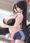  1girl black_bra black_choker black_hair blue_archive blush bra breasts choker collarbone commentary english_commentary halo hasumi_(blue_archive) highres large_breasts locker long_hair low_wings moisture_(chichi) mole mole_under_eye navel ponytail red_eyes solo sweat underwear wings 