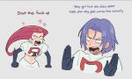 1boy 1girl absurdres angry black_gloves clenched_hands earrings elbow_gloves english_text gloves hands_up highres james_(pokemon) jessie_(pokemon) jewelry kiana_mai long_hair pokemon purple_hair red_hair team_rocket team_rocket_uniform 