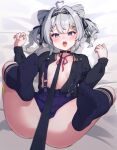  1girl absurdres bandage_on_thigh black_shirt blush breasts collar grey_hair hair_ornament highres leash lying nijisanji nijisanji_en on_back open_clothes open_mouth purple_eyes ribbon seion shirt skirt small_breasts socks solo spread_legs tongue virtual_youtuber zaion_lanza 