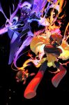  3others arm_blade armarouge armor black_background black_headwear ceruledge charcadet crossed_arms eye_trail fire highres km_(ksolee1201) light_trail looking_at_viewer multiple_others pokemon pokemon_(creature) pokemon_(game) pokemon_sv purple_armor purple_eyes purple_fire red_eyes shoulder_armor weapon yellow_armor 