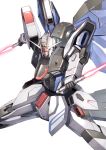  absurdres beam_saber commentary dual_wielding freedom_gundam glowing glowing_eye gundam gundam_seed highres holding holding_sword holding_weapon looking_down mecha mechanical_wings mobile_suit no_humans robot science_fiction solo sword takahashi_masaki v-fin weapon white_background wings yellow_eyes 