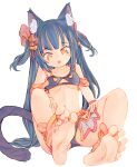  1girl :o animal_ears bangs barefoot blue_hair blush breasts cat_ears cat_girl cat_tail chaosexceed dot_nose feet foot_focus highres midriff multicolored_hair navel orange_eyes orange_hair presenting_foot sitting soles spread_legs spread_toes swimsuit tail toes twintails underboob 