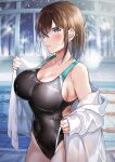  1girl blue_eyes breasts brown_hair commentary_request competition_swimsuit cowboy_shot highres indoors jacket large_breasts looking_at_viewer one-piece_swimsuit open_clothes open_jacket original profile shiro_kuma_shake short_hair snow solo standing swimsuit wet wet_clothes wet_swimsuit white_jacket window 