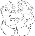  animal_genitalia anthro belly belly_to_belly biceps blush canid canine canis domestic_dog duo embarrassed exe_exem genitals hair lifewonders long_hair male male/male mammal moritaka musclegut nipples nude pecs pecs_touching sheath shino_(housamo) sketch tokyo_afterschool_summoners video_games 