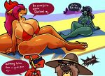  anthro beach big_breasts bikini blue_body blue_hair blue_skin blush breasts brown_body canid canine canis charmeleon cherry_(bds) clothing digital_media_(artwork) dorian_(bds_charmeleon) dragon english_text female fingers fur generation_1_pokemon generation_7_pokemon group hair huge_breasts kiss_the_carrot koi_(carrot_kiss) looking_at_viewer magnemite mammal nintendo open_mouth orange_body outside petra_(carrot_kiss) pokemon pokemon_(species) rockruff sand scalie seaside shaded size_difference sky smile swimwear text thick_thighs tongue video_games water 