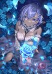  1girl apple bangs bare_shoulders breasts dark-skinned_female dark_skin detached_collar dress fate/grand_order fate_(series) flower food fruit hassan_of_serenity_(fate) hassan_of_serenity_(lostroom_outfit)_(fate) kousaki_rui looking_at_viewer medium_breasts purple_eyes purple_hair short_hair sidelocks solo water white_dress 