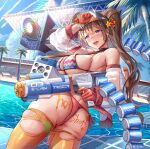  1girl :d album_cover ass bare_shoulders bikini breasts cloud comiket_100 commentary cover detached_sleeves flower forehead gloves gun hair_flower hair_ornament hand_up himuro_shunsuke holding holding_gun holding_weapon jacket large_breasts long_hair looking_at_viewer looking_back open_mouth original outdoors paint_splatter palm_tree pink_eyes pool rainbow_gradient red_gloves side-tie_bikini_bottom sideboob sky smile solo sweatdrop swimsuit teeth thighhighs thong tongue tongue_out torn_clothes torn_thighhighs tree twintails upper_teeth_only water_gun weapon yellow_thighhighs 