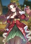  1girl blurry blurry_background bracelet breasts brown_gloves brown_hair brown_pantyhose candy candy_cane christmas cleavage closed_mouth commentary dorothea_arnault dress elbow_gloves fire_emblem fire_emblem:_three_houses fire_emblem_heroes fire_emblem_warriors:_three_hopes fishnet_pantyhose fishnets food forehead fur-trimmed_dress fur_trim gloves green_eyes green_skirt hair_ornament highres holding jewelry large_breasts long_hair looking_at_viewer off_shoulder official_alternate_costume official_alternate_hairstyle pantyhose puffy_short_sleeves puffy_sleeves red_dress short_sleeves skirt smile solo tara_(szzj7733) 