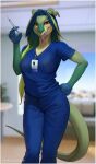  anthro breasts clothing dragon female gloves hair handwear highlights_(coloring) horn joyce_(totesfleisch8) latex_gloves long_hair nurse red_eyes scrubs smile solo syringe tongue tongue_out totesfleisch8 wide_hips 